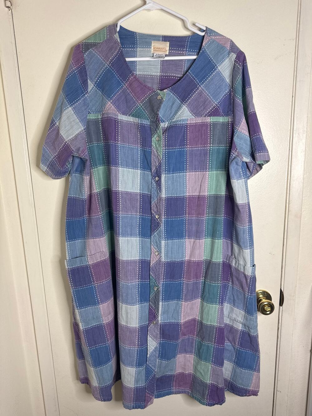 Roaman's VTG Pastel Plaid House Dress 1X Cotton Button Front Pockets Pearlsnap